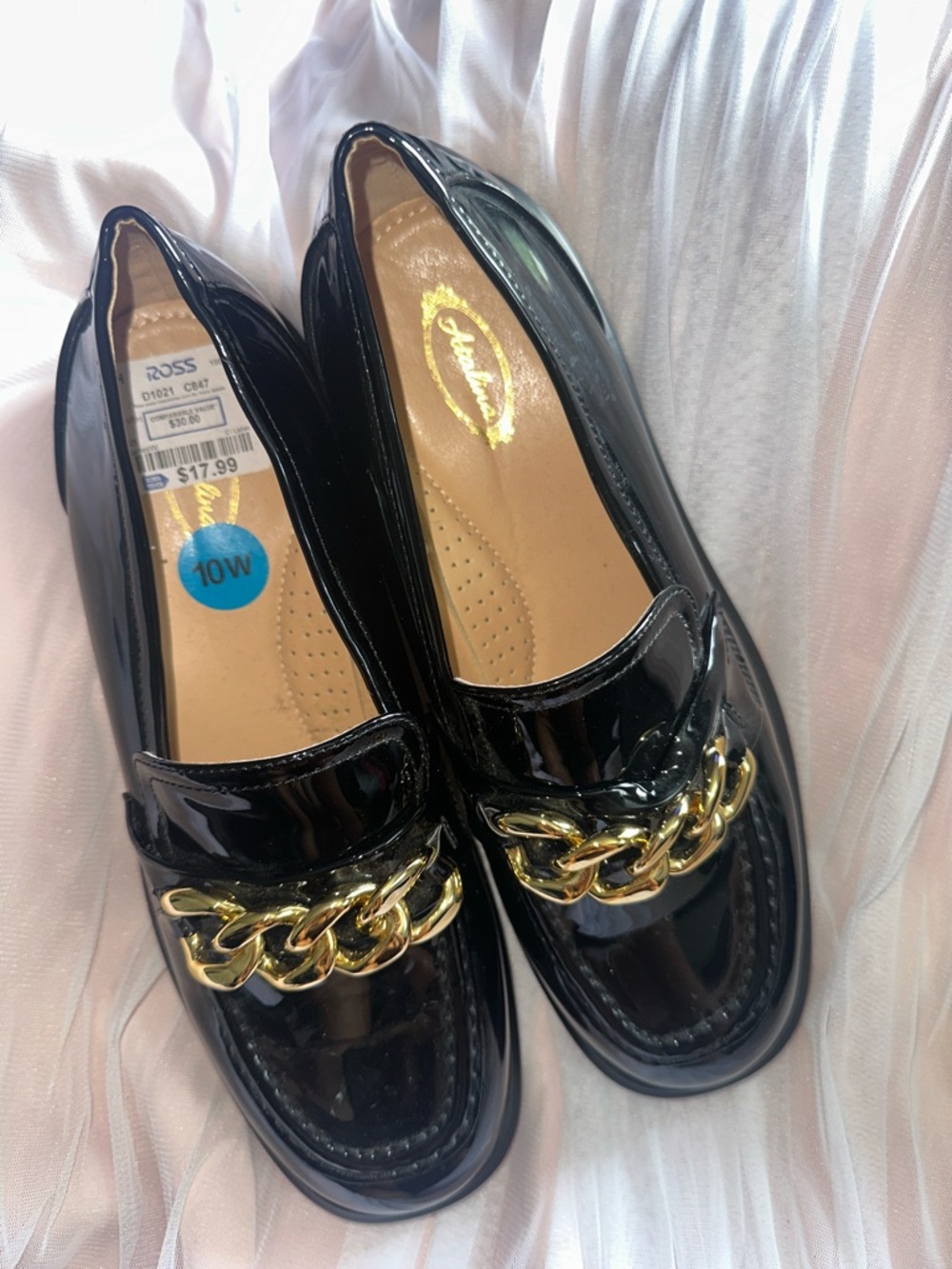 Women’s Black Patent Loafers with Gold Chain Accent